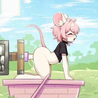 minecraft, fuzzle (fuzzleedits), furryedits ai, anal, anthro, big ass, boat, femboy, furry, green eyes, male only, mouse, mouse ears, mouse tail, pink hair