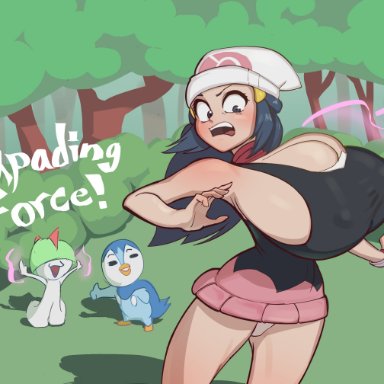 nintendo, pokemon, dawn (pokemon), piplup, ralts, chell chan, 1girls, boob window, breast expansion, breasts bigger than head, bursting breasts, clothed, female, gigantic breasts, hat