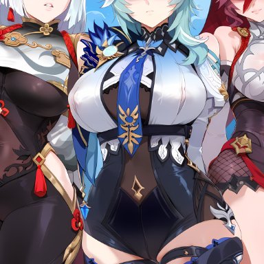 genshin impact, eula (genshin impact), rosaria (genshin impact), shenhe (genshin impact), depressu, 1girls, 3girls, cameltoe, large breasts, taut clothes, thick thighs, wide hips, ai generated