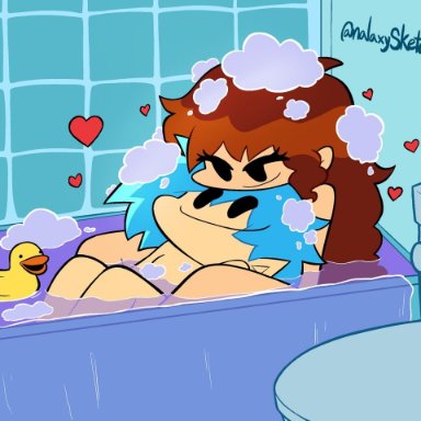 fnf, friday night funkin, boyfriend (friday night funkin), girlfriend (friday night funkin), nalaxysketches, bath water, bathroom, blue hair, brown hair, bubbles, canon couple, chilling, covering privates, cute expression, in bathtub