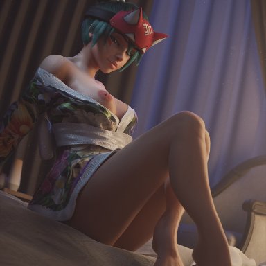 blizzard entertainment, overwatch, overwatch 2, kiriko (overwatch), kiriko kamori, takerskiy, 1female, 1girls, areola, areolae, asian, asian female, barely clothed, brown eyes, clothed