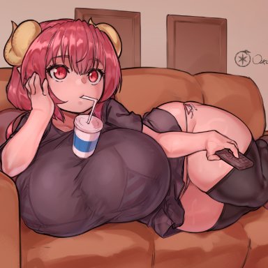 miss kobayashi's dragon maid, ilulu (dragon maid), ourobot, 1girls, breasts, female, hips, horns, huge breasts, light skin, light-skinned female, long hair, massive breasts, naughty face, pink hair