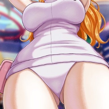 one piece, one piece: egghead arc, shounen jump, nami, nami (one piece), hiyozuki, 1girls, armpits, ass visible through thighs, bare arms, bare legs, bare shoulders, bare thighs, big breasts, clothed