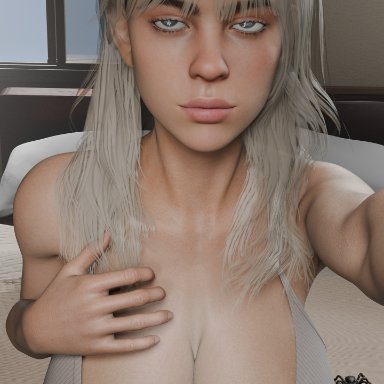billie eilish, red lj, 1girls, blue eyes, breasts, female, long hair, selfie, white hair, 3d, 3d (artwork), blender (software), patreon username