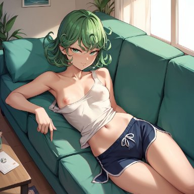 one-punch man, tatsumaki, henrychrist, blush, breasts, couch, covered nipples, curly hair, female, green eyes, green hair, indoors, looking at viewer, lying, navel