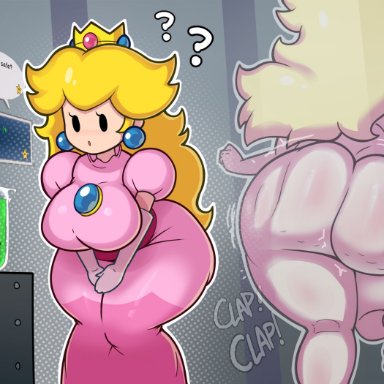 mario (series), paper mario, paper peach, princess peach, mekaatomic, 1girls, ass clapping, barefoot, before and after, behind view, big ass, big breasts, birthday suit, blonde female, blonde hair