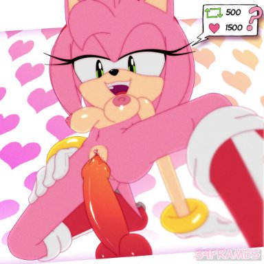 sonic (series), amy rose, 34frames, 1girls, anthro, areola, areolae, breasts, dildo, female, female only, furry, furry only, gloves, grainy