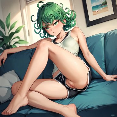 one-punch man, tatsumaki, henrychrist, barefoot, blush, breasts, curly hair, day, feet, female, green eyes, green hair, indoors, looking at viewer, petite