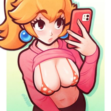 mario (series), nintendo, princess peach, tsuvida, 1girls, ball earrings, belly, belly button, big earrings, blonde hair, bra, breasts, cellphone, clothed, clothed female