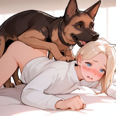 mercy, marimull, 2girls, all fours, animal, animal ears, ass, bangs, barefoot, bed, bed sheet, blonde hair, blue eyes, blush, bodily fluids