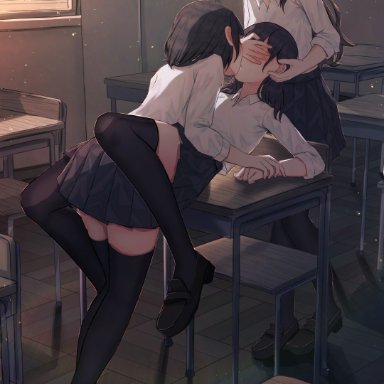 original, benevole, 3girls, classroom, closed eyes, covered eyes, female, female only, holding hands, holding head, imminent sex, kissing, lying, on table, restrained