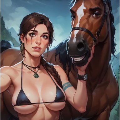 tomb raider, lara croft, lara croft (survivor), sterlingproductions, 1boy, 1girls, bikini, brown hair, clothed, dominant feral, equine, equine penis, horse, horse penis, horseballs
