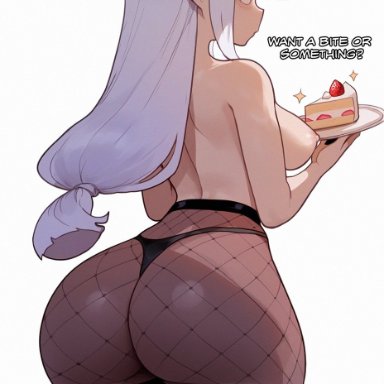 emilia (re:zero), honkibooty, 1girls, ass, breasts, female, large ass, light skin, light-skinned female, long hair, pointy ears, purple eyes, simple background, thick thighs, white hair