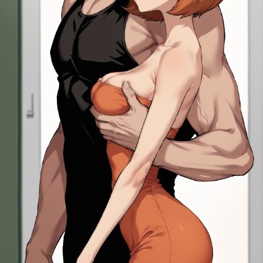 kim possible, ann possible, notreallyhere, 1boy, ass, bare arms, bare shoulders, blue eyes, blush, breast grab, breasts, cheating, cheating wife, collarbone, dress