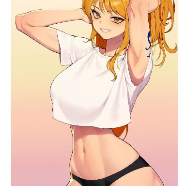 one piece, shounen jump, nami, nami (one piece), shouroro, 1girls, bare arms, bare legs, bare shoulders, bare thighs, big breasts, blush, clothed, clothing, female