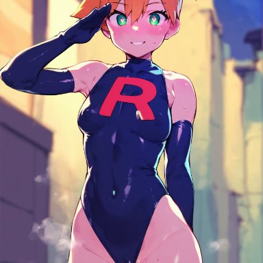 pokemon, kasumi (pokemon), notreallyhere, 1girls, bare shoulders, blush, brainwashed, breasts, change in common sense, corruption, covered navel, covered nipples, elbow gloves, female, gluteal fold