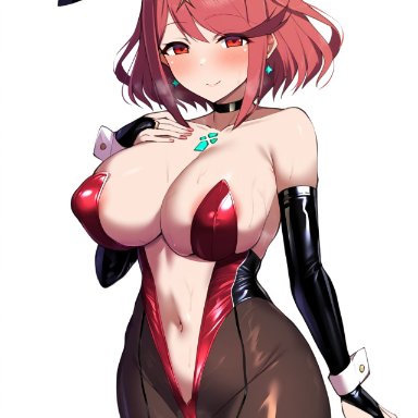 xenoblade chronicles 2, pyra, pyra (xenoblade), robofun, bridal gauntlets, bunny ears, bunnysuit, chest jewel, choker, cleavage, core crystal, cuffs, detached sleeves, hair ornament, playboy bunny