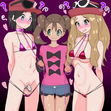 pokemon, pokemon xy, calem (pokemon), serena (pokemon), shauna (pokemon), artist request, 1boy, 2girls, belly button, bikini, bikini top, blush, blushing, booty shorts, both sexes in same situation
