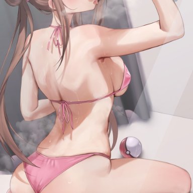pokemon, rosa (pokemon), rryiup, :q, 1girls, arm up, armpits, ass, back-tie bikini, back-tie swimwear, backboob, bare armpits, bare arms, bare ass, bare back