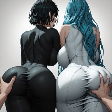 one-punch man, fubuki (one-punch man), psykos, ponzuaji, 2girls, ass, ass focus, back, back view, bare arms, bare legs, bare shoulders, bare thighs, big ass, big breasts