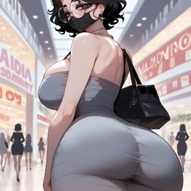 olie, thiccwithaq (ai style), xandr, 1girls, ass, ass focus, back view, bare shoulders, big breasts, black hair, black lipstick, bob cut, breasts, brown eyes, cleavage