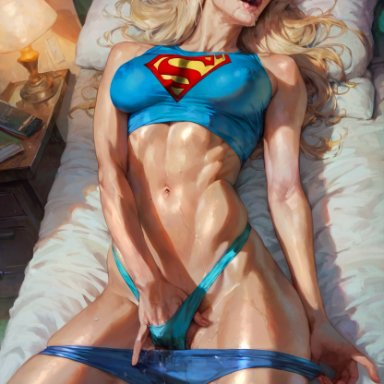 dc comics, supergirl, philon, 1girls, abs, bed, bedroom, blonde hair, blue panties, book, breasts, closed eyes, clothed masturbation, clothes pull, covered nipples