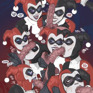 batman (series), dc, dc comics, harley quinn, harley quinn (classic), theweirdibi, 2girls, big breasts, bodysuit, clone, costume, fellatio, female, female only, fishhooking