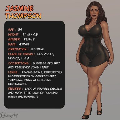jazmine thompson (rocner), oc, rocner, big ass, big breasts, dark-skinned female, ebony, high heels, mature female, milf, standing, stats, tight dress, wide hips, character profile