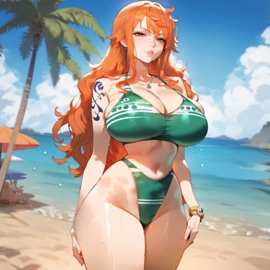 one piece, nami, nami (one piece), artist psyopsai, 1girls, beach, big breasts, bikini, clothed, clothing, curvy, female, female focus, female only, front view
