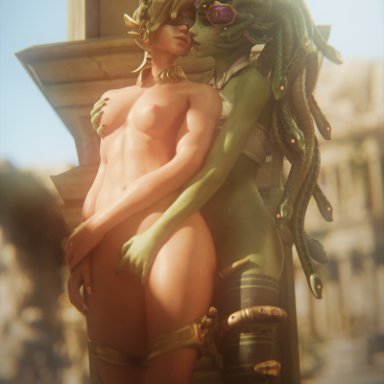 blizzard entertainment, overwatch, overwatch 2, medusa widowmaker, mercy, widowmaker, winged victory mercy, beeg3d, 2girls, blindfold, blindfolded, blonde hair, boobs, breast grab, breasts