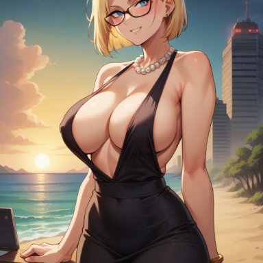 dragon ball, dragon ball (classic), dragon ball (series), dragon ball z, pixiv, twitter, android 18, mr lordprompt, owner (artist), android, anime girl, artist content, ass, beach, beach background