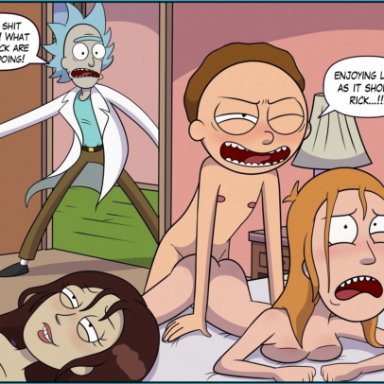 rick and morty, morty smith, nancy, rick sanchez, summer smith, tricia lange, mop goblin, sketchtoons, ambiguous penetration, brother and sister, caught, incest, on bed, rape, sexual assault