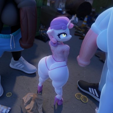 friendship is magic, my little pony, sweetie belle (mlp), dduns, age difference, alley, anthro, ass, big ass, big balls, big penis, condom, cub, curvy, curvy body