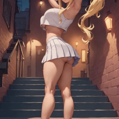 fairy tail, lucy heartfilia, alex-schura, 1girls, armpits, arms behind head, arms up, ass, bangs, bare shoulders, blonde hair, blush, breasts, brown eyes, clothing