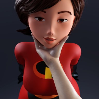 the incredibles, elastigirl, helen parr, smitty34, 1boy, big breasts, bodysuit, breasts, first person view, fully clothed, holding face, holding head, human, human only, milf