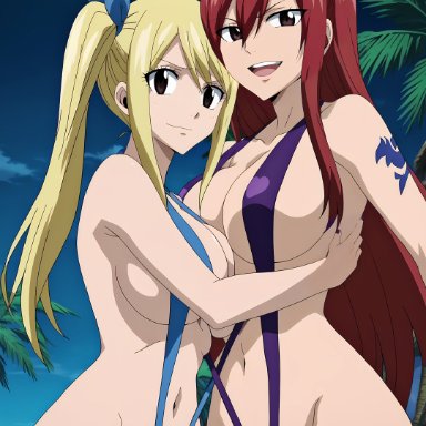 fairy tail, erza scarlet, lucy heartfilia, blesseddo, 2girls, big breasts, blonde hair, blue swimsuit, breasts, females, long hair, looking at viewer, moon, night, purple swimsuit