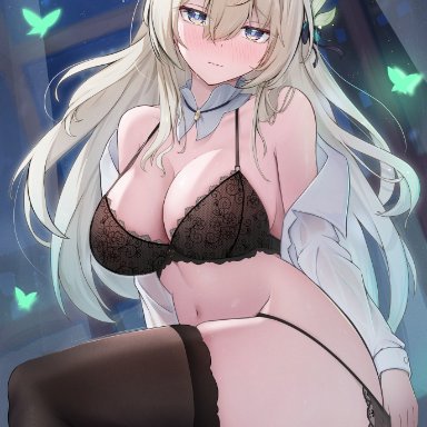 honkai: star rail, firefly (honkai: star rail), 1girls, ass visible through thighs, black legwear, black lingerie, butterfly, closed mouth, collar, embarrassed, full-face blush, huge ass, huge thighs, lace trim, large breasts