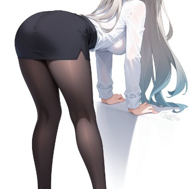 honkai: star rail, firefly (honkai: star rail), 1girls, alternate costume, ass., bent over, blush, breasts, dat ass, embarrassed, fully clothed, high heels, legs, long sleeves, looking at viewer