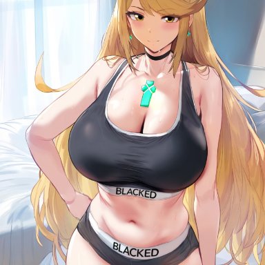 blacked, xenoblade (series), xenoblade chronicles 2, mythra, himeno, bed, bedroom, big breasts, blacked clothing, blonde female, blonde hair, blonde hair female, breasts, cheating, dark skin