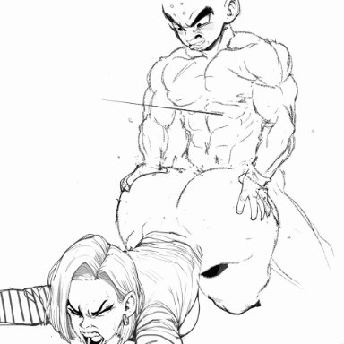 dragon ball, dragon ball z, android 18, krillin, kuririn, dacro, all fours, ass grab, blonde hair, breasts, canon couple, clapping ass, doggy style, huge ass, huge cock