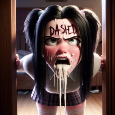 disney, pixar, the incredibles, violet parr, 1girls, after rape, after sex, angry, black hair, brother and sister, cum, cum dripping, cum dripping down chin, cum in mouth, cum leaking
