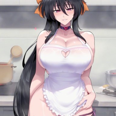 high school dxd, akeno himejima, meepking, 1girls, bare arms, bare legs, bare shoulders, bare thighs, big breasts, black hair, blush, clothed, clothing, collar, female