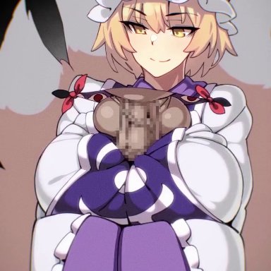 touhou, ran yakumo, buckethead ero, 1boy, 1girls, anticipation, assisted paizuri, audible ejaculation, balls, big balls, big breasts, blonde hair, breasts, clothed female, clothed female nude male