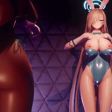 blue archive, asuna (blue archive), asuna (bunny) (blue archive), karin (blue archive), karin (bunny) (blue archive), ngon, 2girls, accidental exposure, areolae, ass, back cutout, bare shoulders, big ass, big breasts, black hair