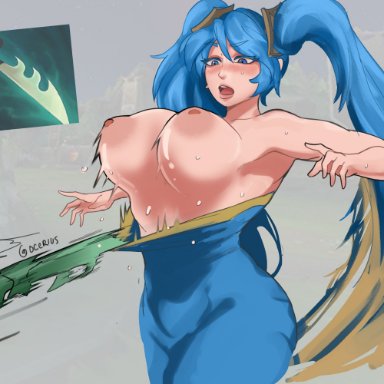 league of legends, league of legends: wild rift, riot games, sona buvelle, ocerius, 1girls, accidental exposure, arms up, big breasts, big nipples, blue clothing, blue eyes, blue hair, blush, breasts