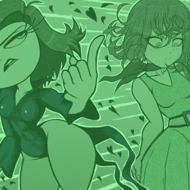 inside out, one-punch man, disgust (inside out), tatsumaki, daimusraw, 2girls, ass, disgust, female, female only, multiple girls, crossover, eastern and western character, monochrome