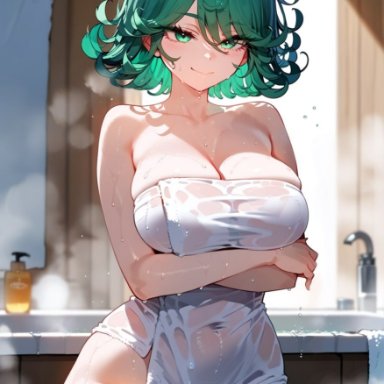 one-punch man, tatsumaki, a1exwell, 1girls, after bath, alternate body type, alternate breast size, female, female only, in heat, large breasts, solo, steam, towel, towel only