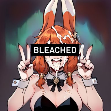 aurora (league of legends), 1girl, bleached, bunny ears, bunny girl, bunnysuit, cum, cum on face, cum on tongue, light skin, light-skinned female, v sign, ai generated, tagme