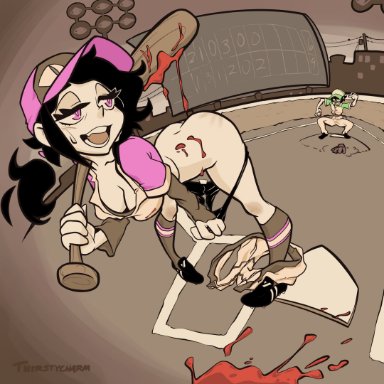 the coffin of andy and leyley, andrew graves, ashley graves, thirstycharm, 1boy, 1girls, ass, baseball, baseball bat, baseball cap, bent over, black hair, black panties, blood, breasts