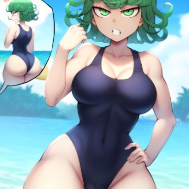 one-punch man, tatsumaki, 1girls, angry, angry face, ass, back view, beach, big ass, big butt, breasts, clothed, clothed female, clothing, collarbone
